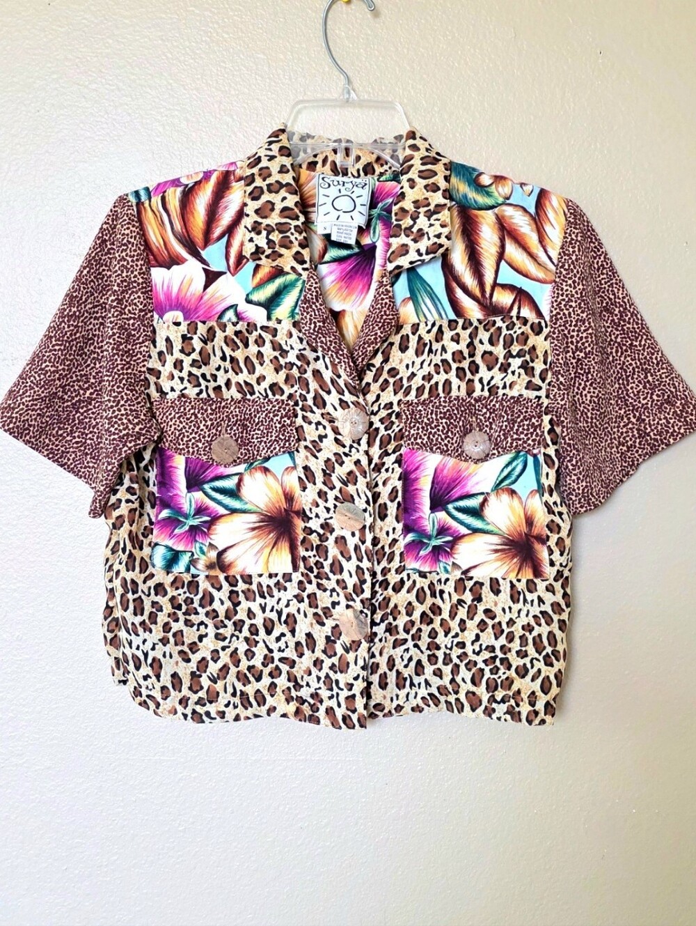 Surya Womens Leopard Print Tropical Wood Button Cropped Shirt - Size Small